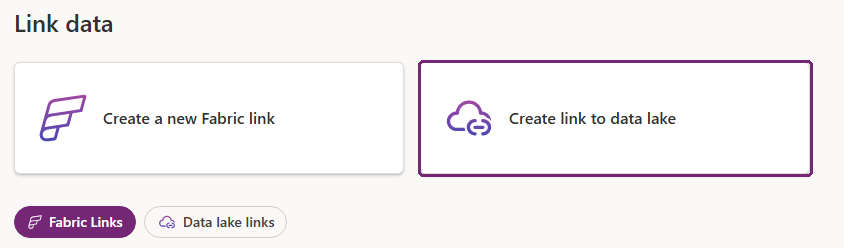 Link data page with Create link to data lake selected.