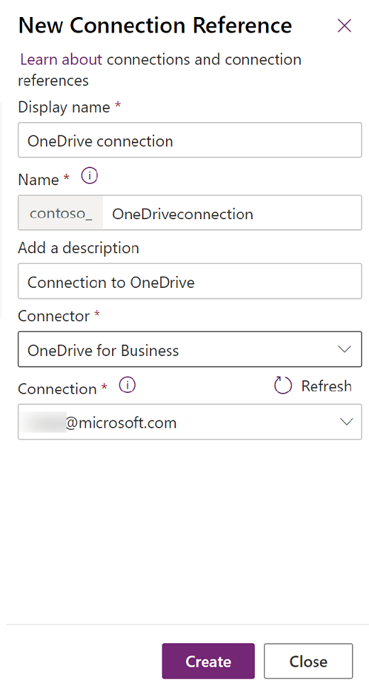 Screenshot of the New Connection Reference panel.