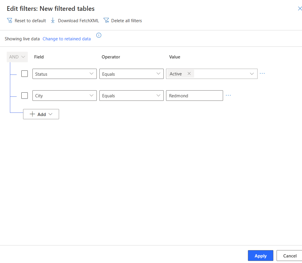 Screenshot of the Edit filters dialog showing a filter where City equals Redmond, with options to add more filters or download FetchXML.