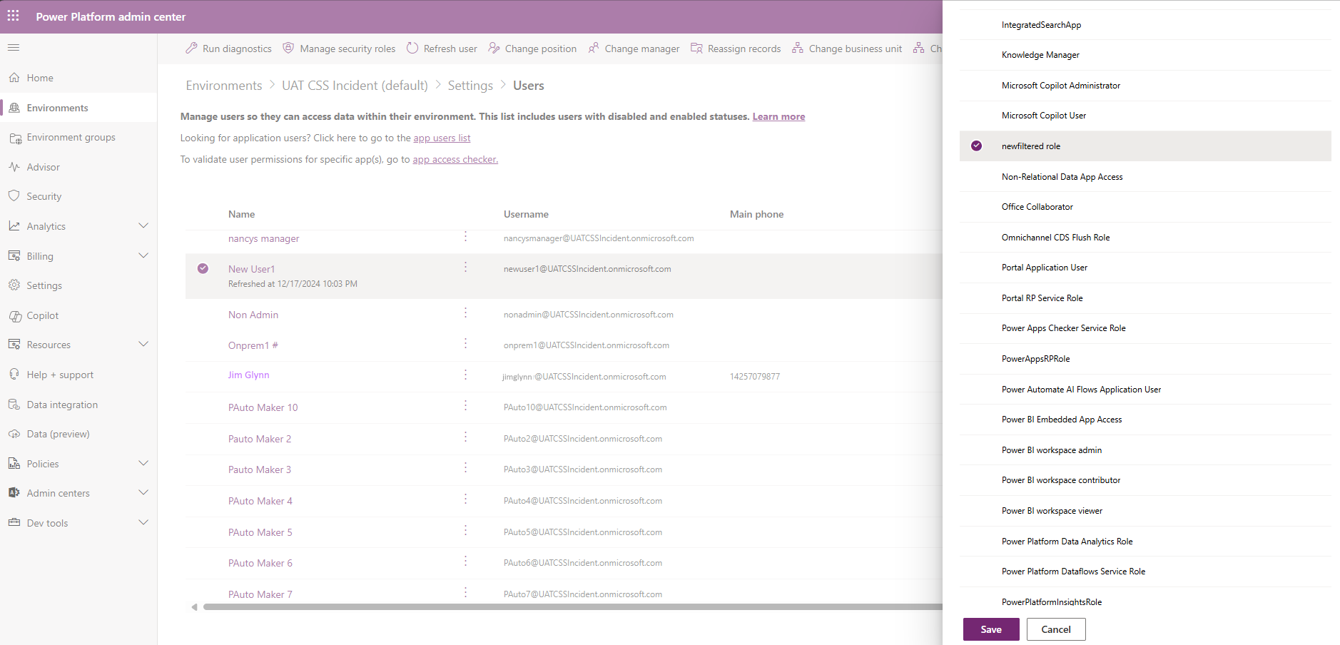 Screenshot of the Manage security roles dialog for assigning roles to a user.