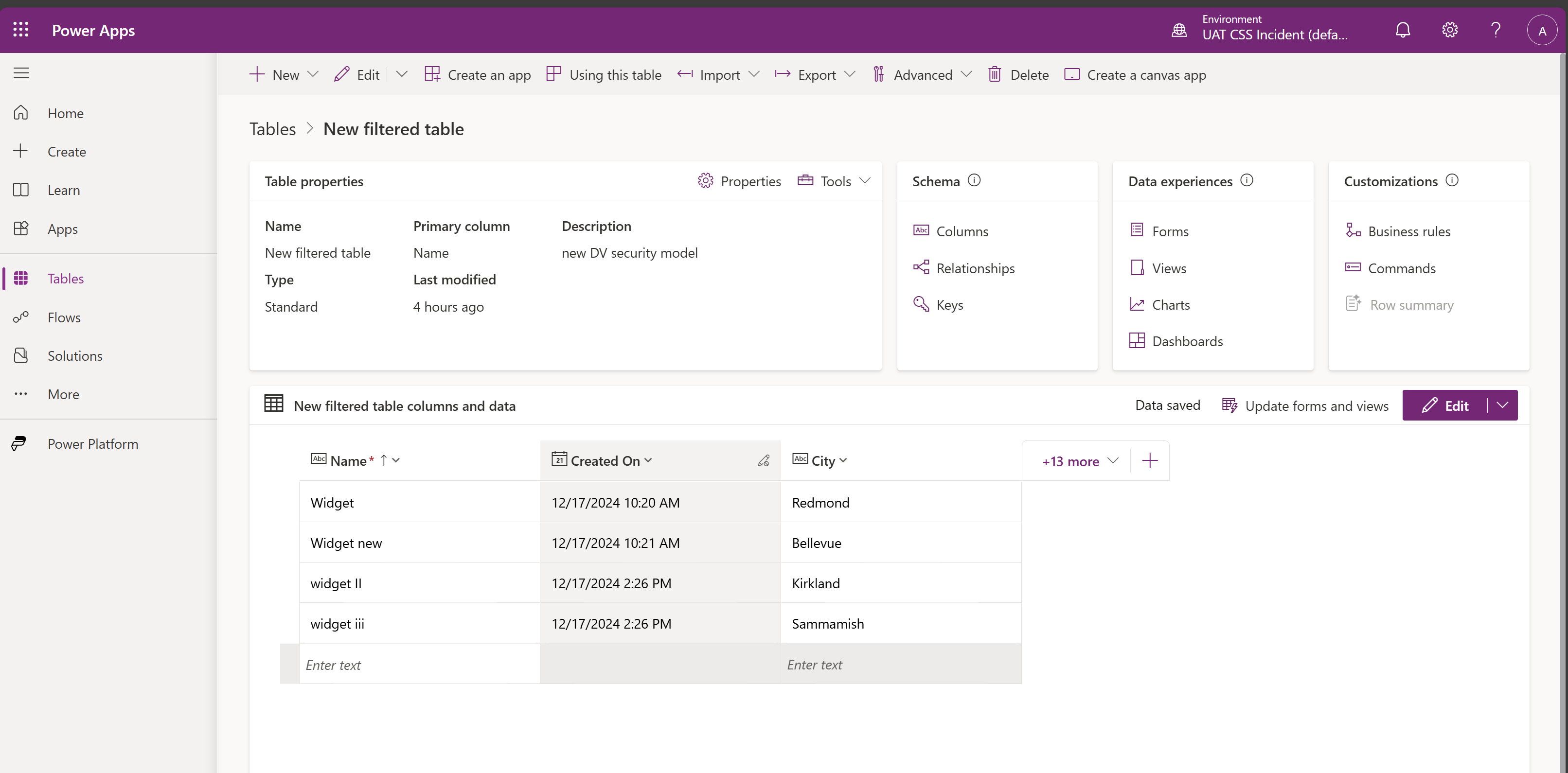 Screenshot of a table with sample data rows entered, showing the Record ownership dropdown set to Filtered (preview).