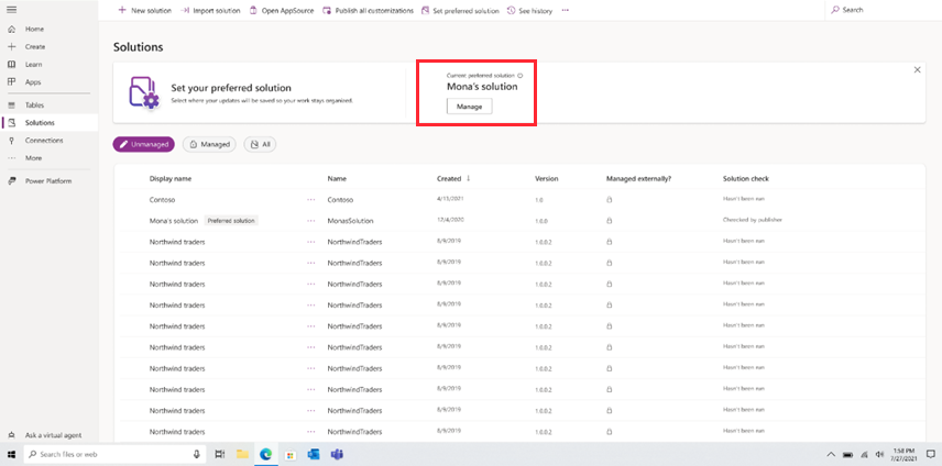 Preferred solution status displayed in Solutions area