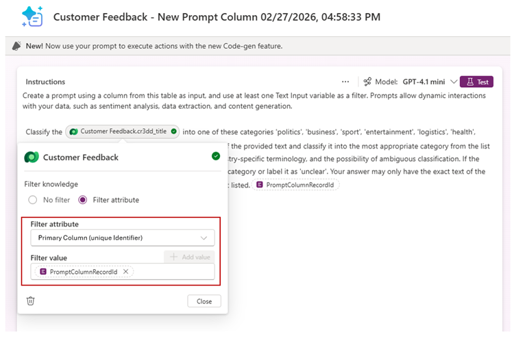 Filter attribute example for a prompt column