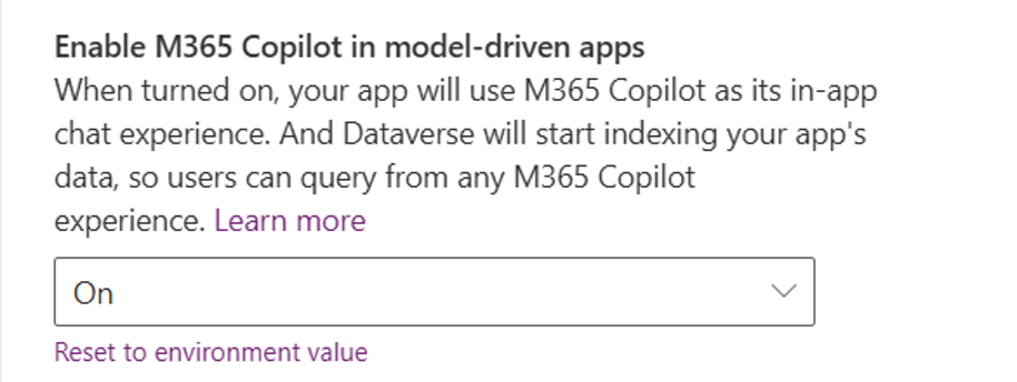 Copilot enabled for model-driven app setting