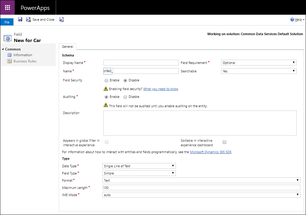 Solution explorer new column form.