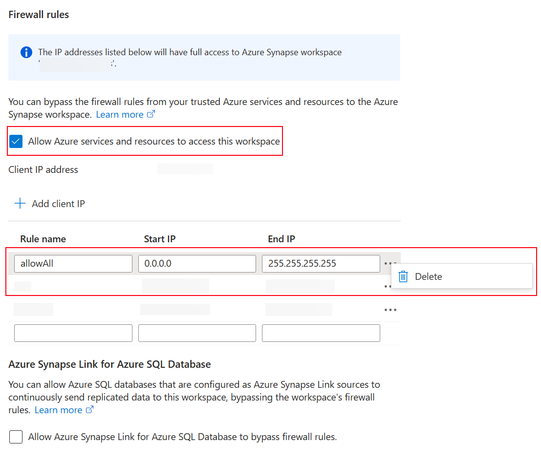 Azure Synapse workspace network settings