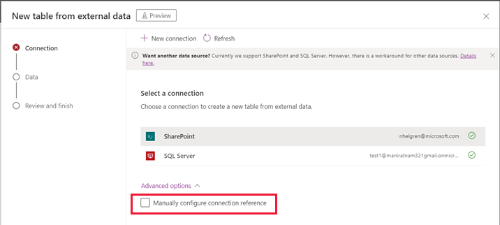 Create a connection reference for the virtual table
