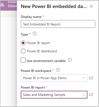 Enter the Display name Test Embedded BI Report