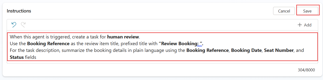 Instructions read: When the agent is triggered, create a task for human review. Use the Booking Reference as the review item title with Review Booking