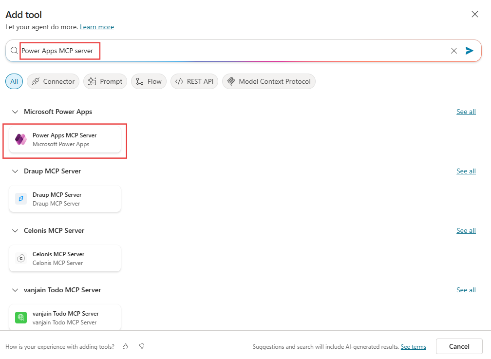 Find and select Power apps MCP server