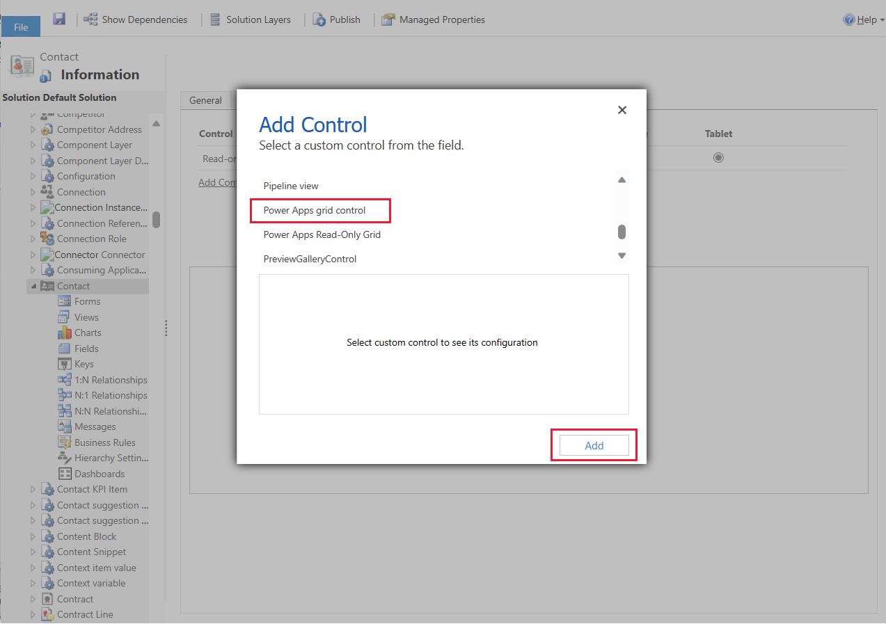 Add Power Apps grid control to a table