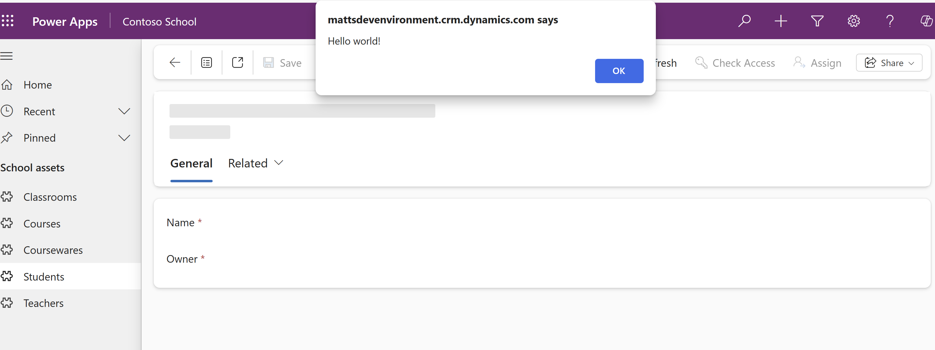 Alert displayed for form onload event