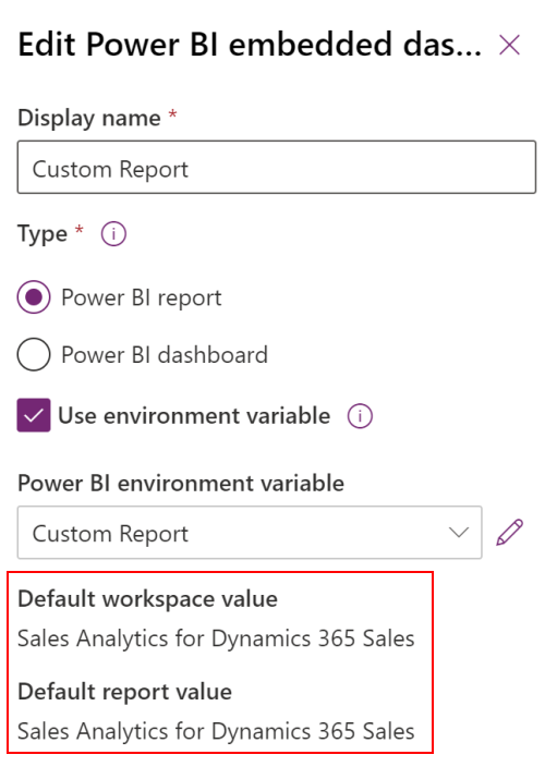 Power BI embedded environment variable value preview.
