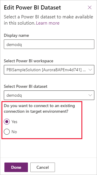 Screenshot showing how to automatically connect a Power B I component to an existing connection in deployment environments.