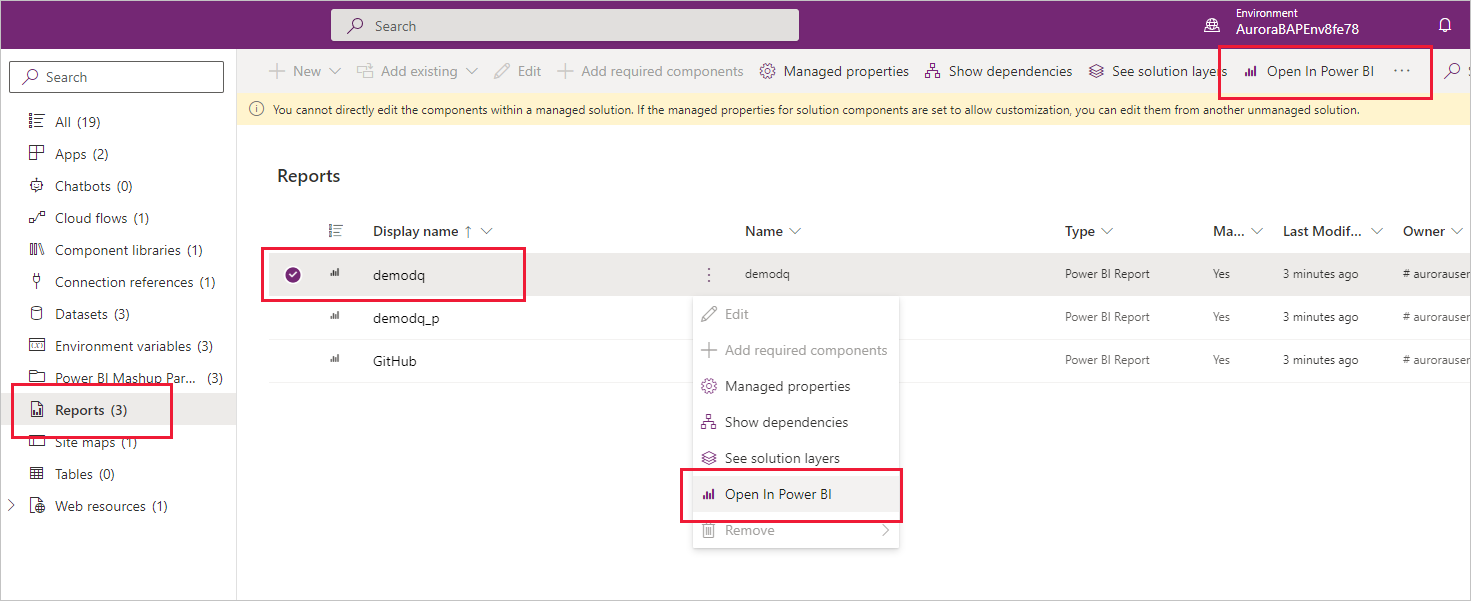 Screenshot showing the Open Power BI option in Power Apps.