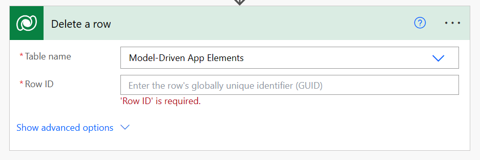 Delete a row flow action using the model-driven app element Dataverse table row