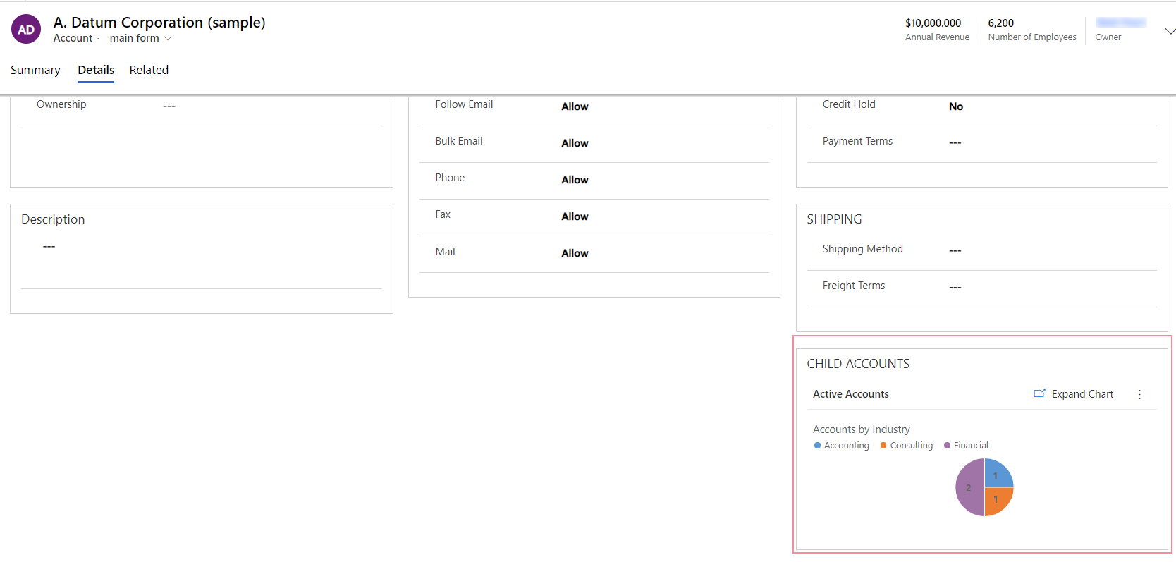 Account main form child accounts grid.