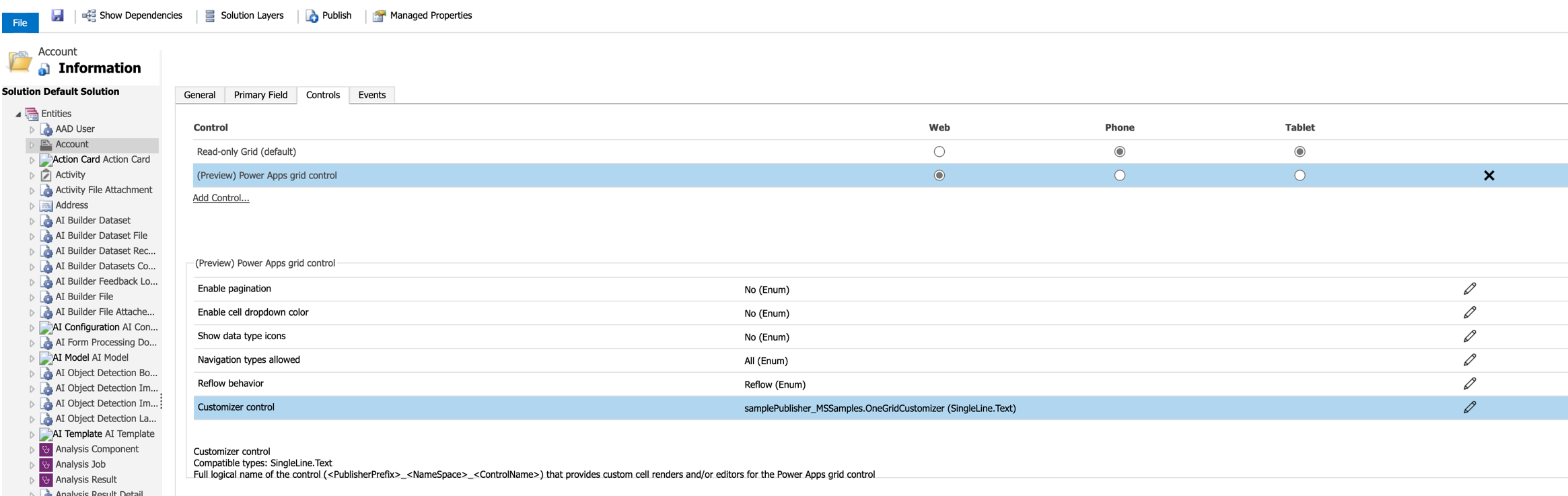 Assign a value to the customizer control property of the Power Apps grid control