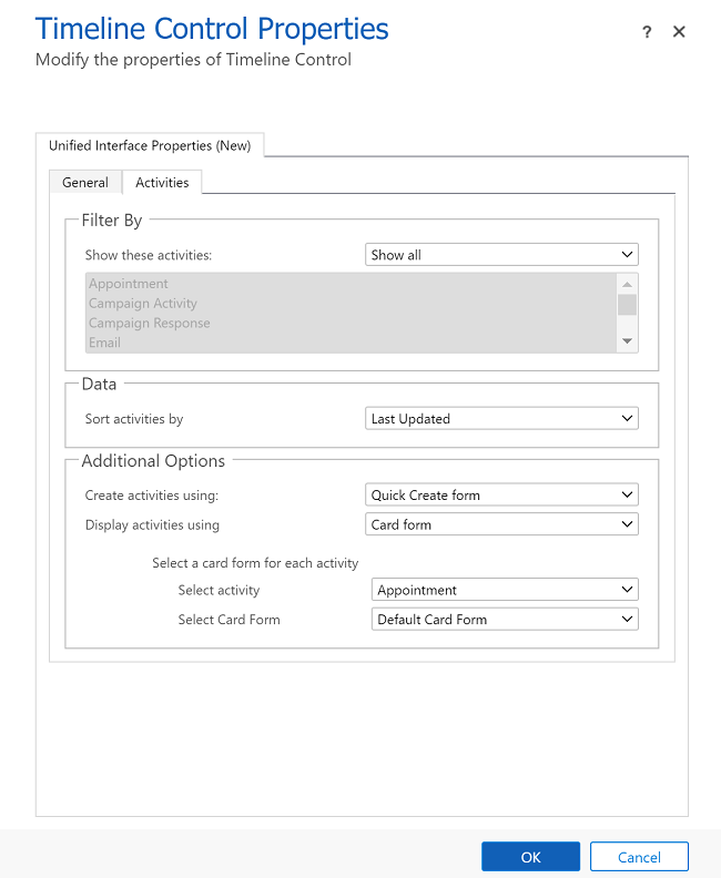 Timeline control properties Activities tab
