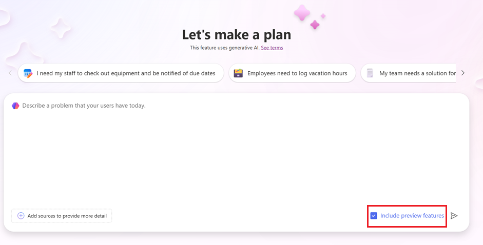 Screenshot of enabling preview feature for plans.