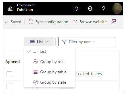Group or filter table permissions.