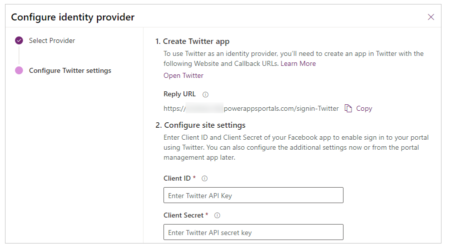 Configure the Twitter app.