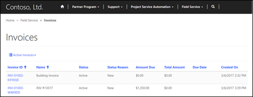 View field service invoices in a partner portal.