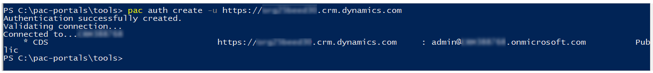 Example of how to authenticate to a Dataverse environment using Microsoft Power Platform CLI.
