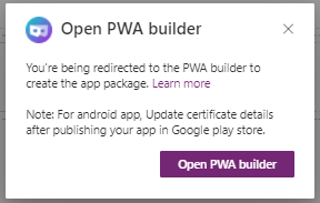 Opening PWA Builder to create an app package in portals Studio.