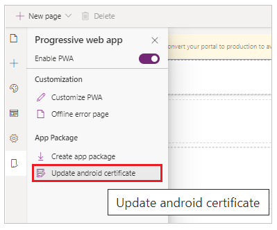 Menu item in portals Studio to update the Android certificate.