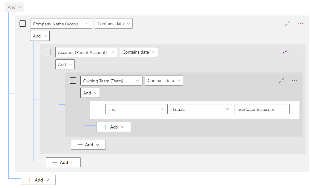 Screenshot that shows multiple filters with nested relationships.