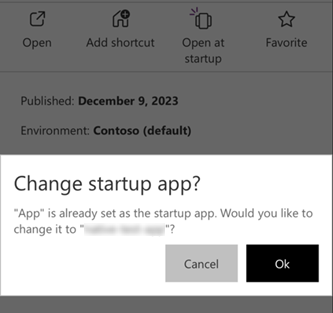 Screenshot that shows the confirmation message where you tap OK to change the startup app.