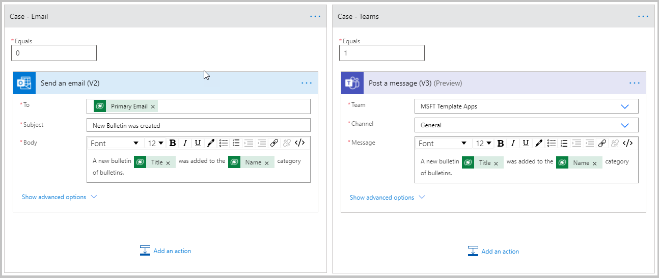 Send email or post message in teams