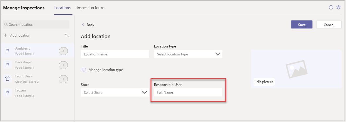 Responsible User field on the Add Location screen