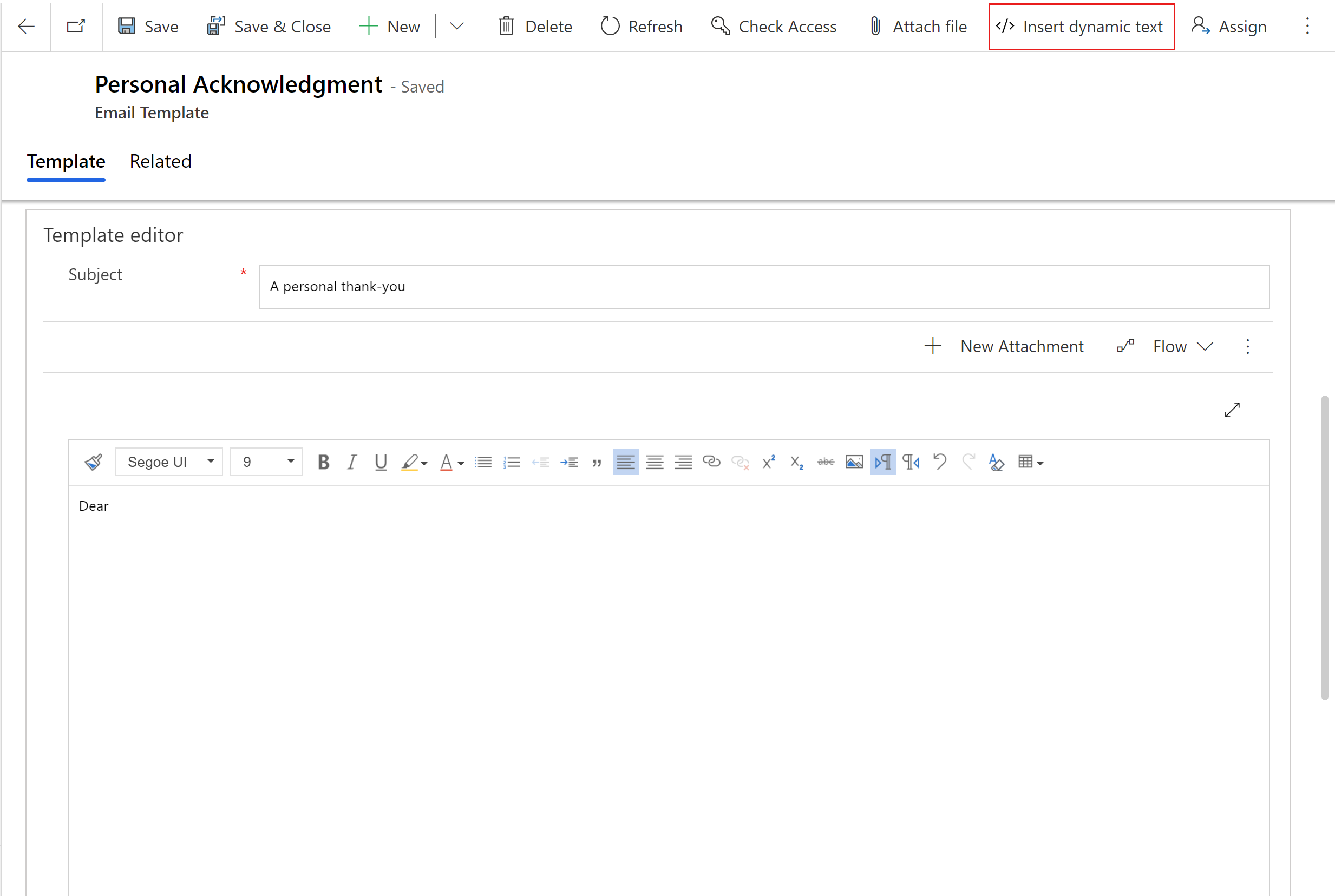 The email template editor, with Insert dynamic text highlighted.
