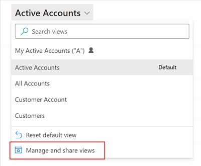 A screenshot of the view selector, showing the option to manage and share views.