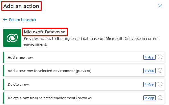Screenshot of the Microsoft Dataverse connector actions including the new actions for Add a new row to the selected environment (preview) and Delete a row from the selected environment (preview).