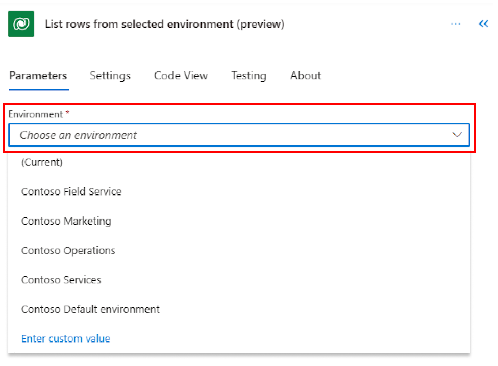 Screenshot of the List rows from selected environment (preview) action in the Microsoft Dataverse connector with the Environment parameter being used to select either the current environment, another environment, or enter a custom value for the environment.