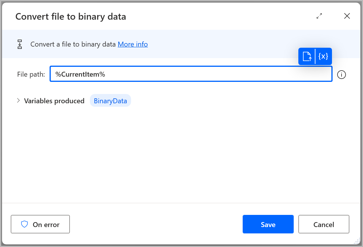 Screenshot of the Convert file to binary data action where the CurrentItem is converted to binary data.