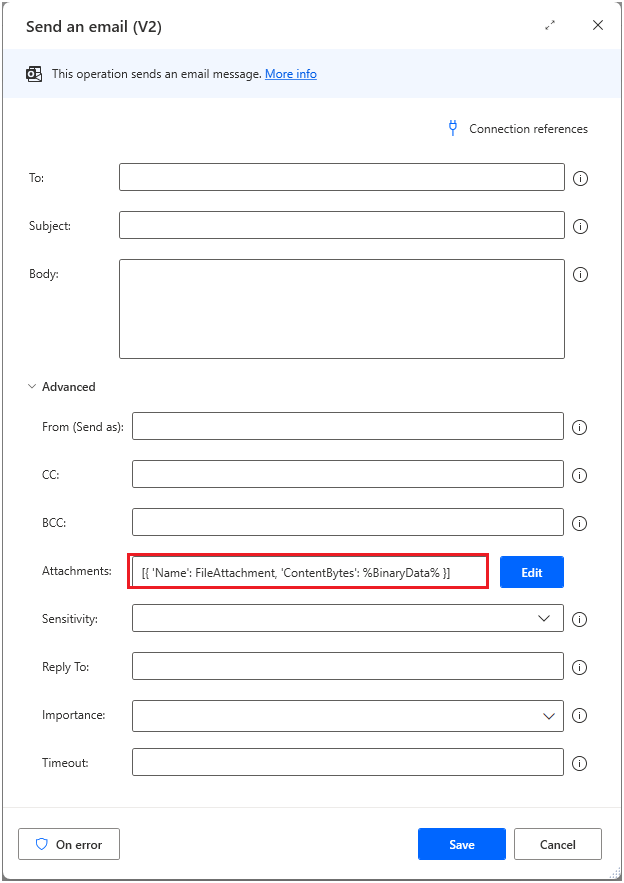 Screenshot of the Send an Email(v2) action with attachments.