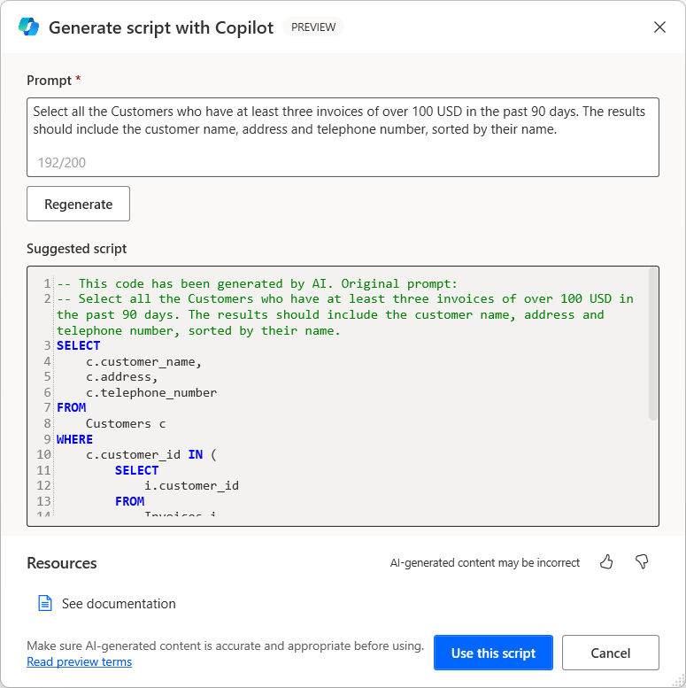 Screenshot of the Generate Script with Copilot dialog open, that shows a generated SQL statement