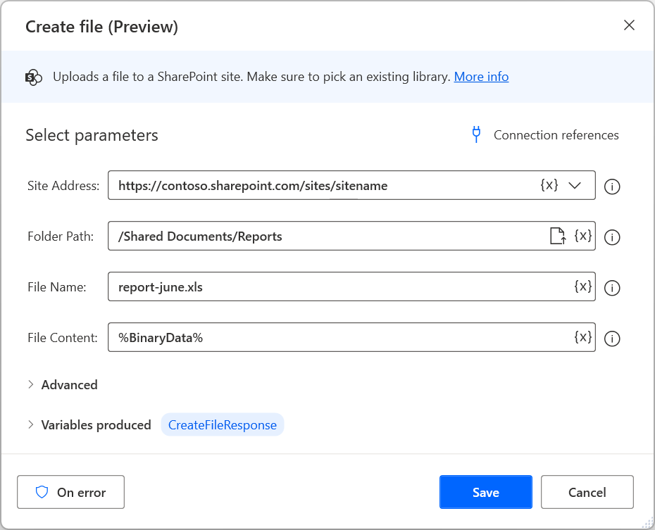 Screenshot of the Create file Sharepoint action.