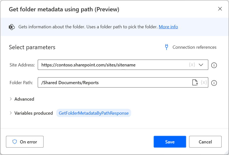 Screenshot of the Get folder metadata using path action.