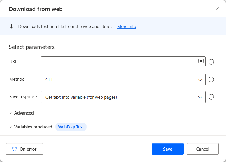 Screenshot of the Download from web action.