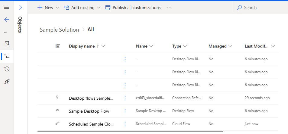 Screenshot of a desktop flow, a cloud flow, and connection reference in a solution