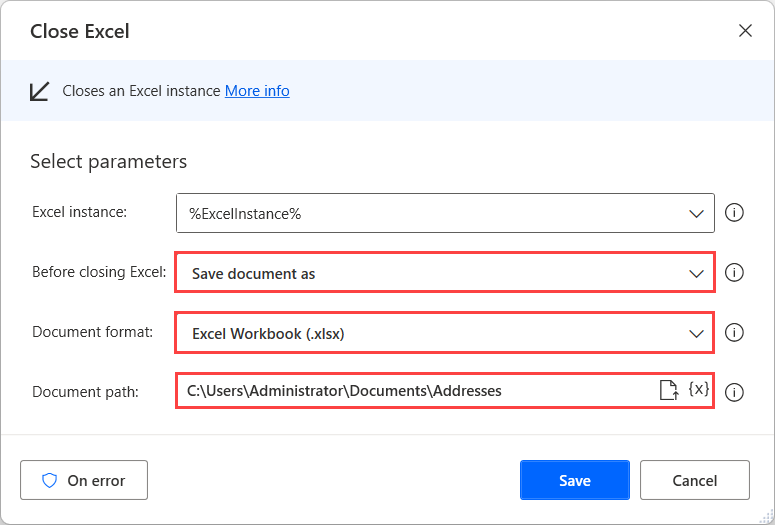 Screenshot of the Save document as option in the Close Excel action.