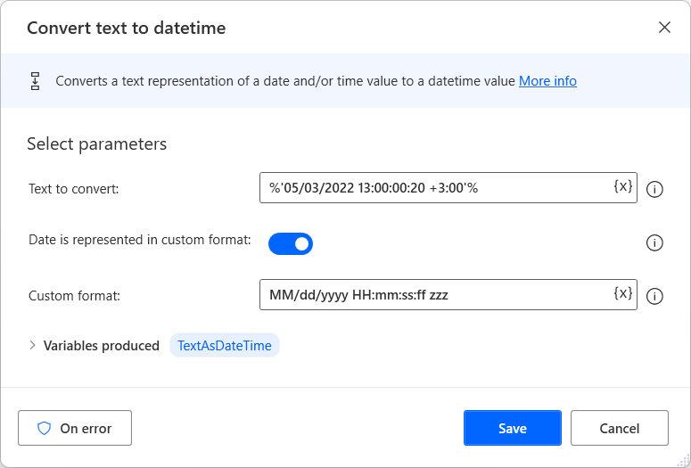 Screenshot of the Convert text to datetime action populated with a date in a custom format.