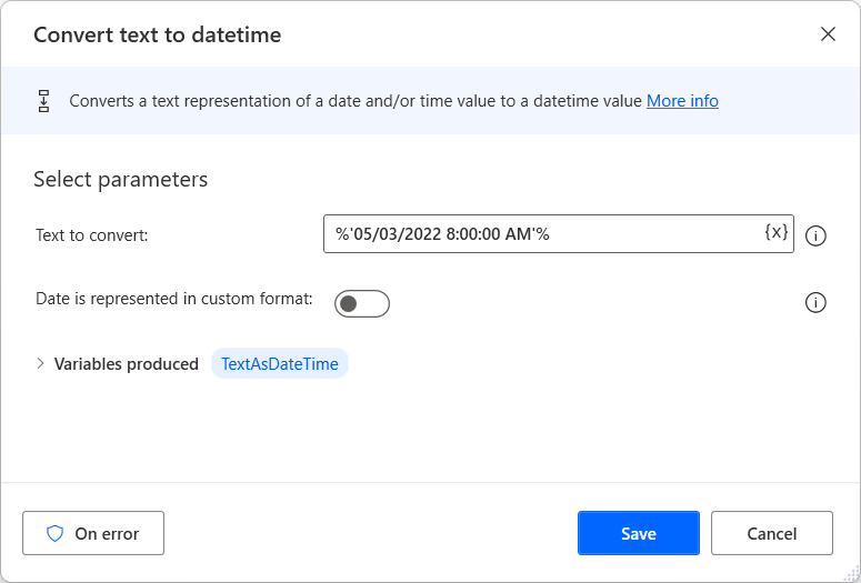 Screenshot of the Convert text to datetime action populated with a date in the USA default format.