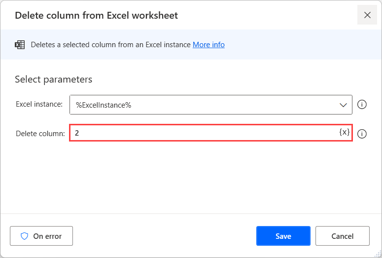 Screenshot of the Delete row from Excel worksheet action.