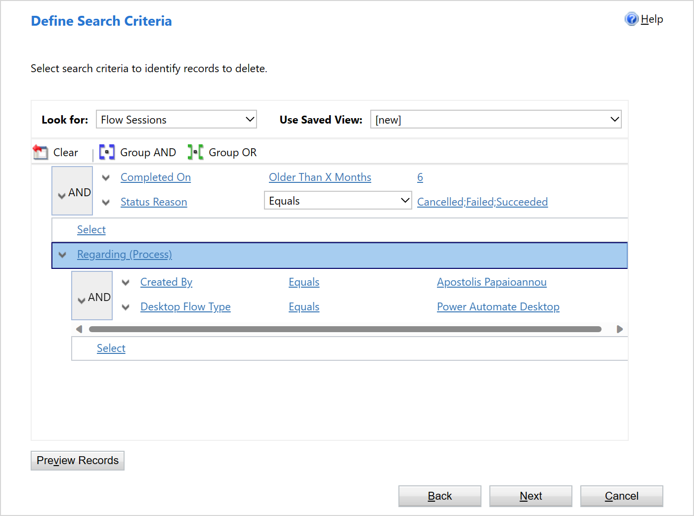 Showing a *Define Search Criteria* screen with an advanced filter applied.